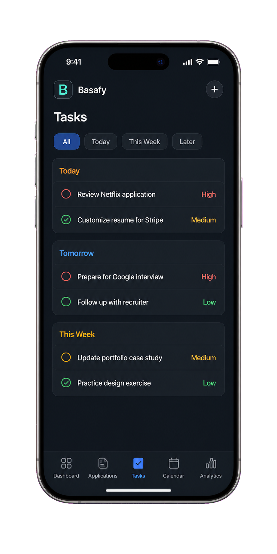 Basafy Tasks iPhone mockup